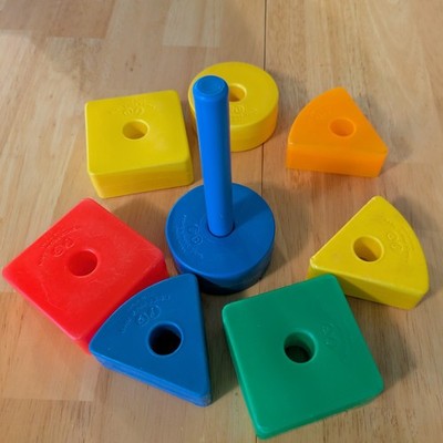 Vintage Fisher Price Stacking Plastic Shape Blocks 8 piece Lot W/ Blue Stick Rod