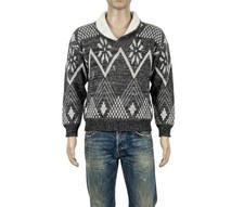 Mens Vintage 80s Jumper Grey Patterned Collared Retro Indie Medium 40"