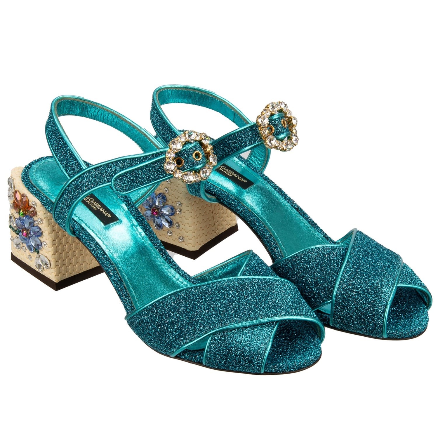 DOLCE & GABBANA Crystal Flower Heel Sandals Pumps KEIRA Glitter Blue 36.5 US 6.5