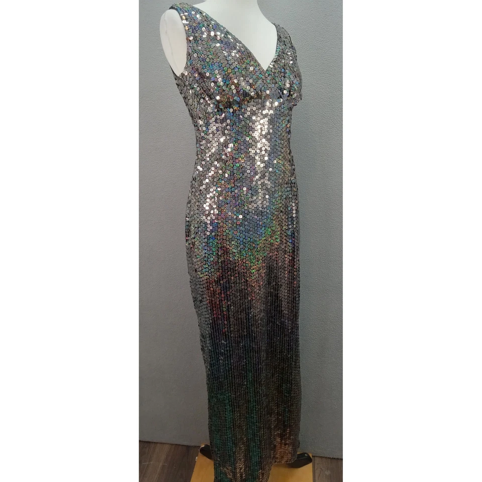 Vestido de Noche Adrianna Papell Lentejuelas Cuello en V Sin Mangas Metálico Y2K Talla 8 Foto 2 de 4