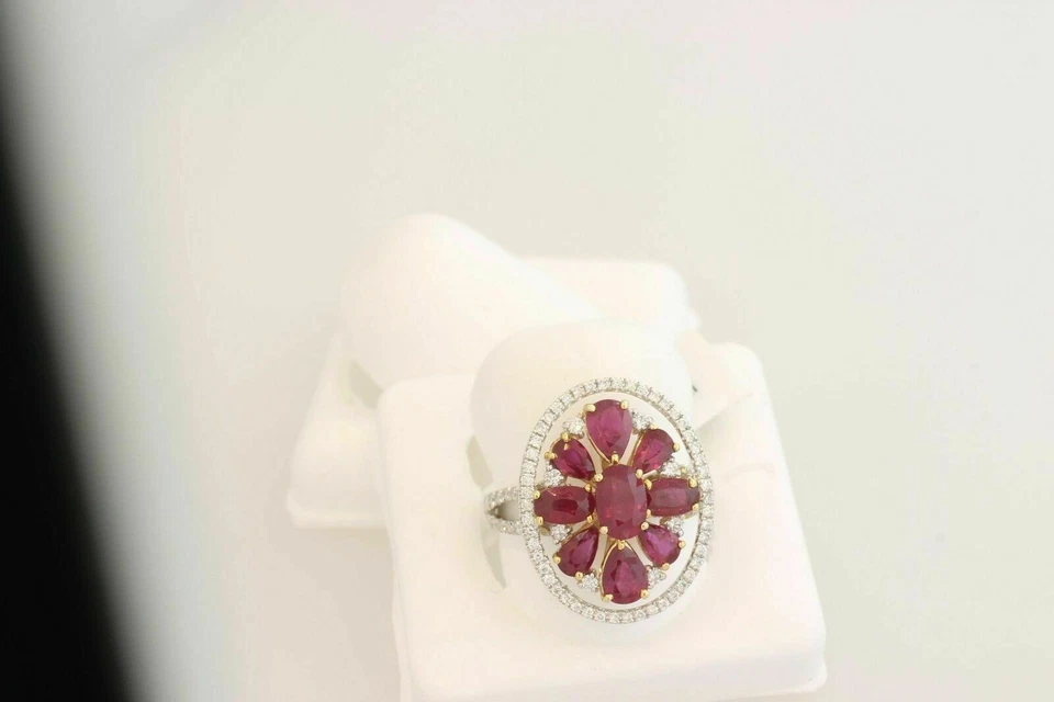 14k Multi Tone Gold 3.50 Ct Natural Ruby and Diamonds Halo Cluster Wedding Ring - Image 2 of 4