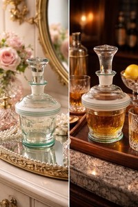 Vintage Art Deco Glass Perfume Bottle Decanter Green Banding Stopper 7.5”