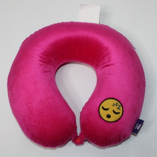Travel Bliss Airplane Travel Neck Pillow in Bright Pink with Sleeping Face Emoji