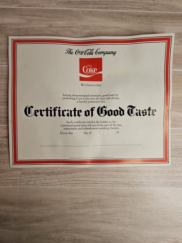 Vintage Coca-Cola 1970s Certificate Of Good Taste - Picture 1 of 5