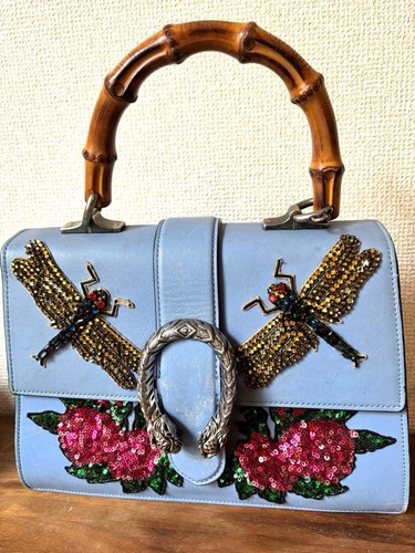 GUCCI Dionysus Sky Light Blue Medium Bamboo Top Handle Leather Handbag suitable