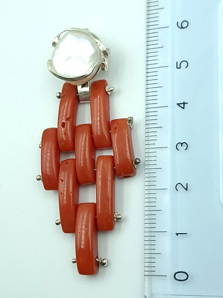Antico Ciondolo Perla Australiana Corallo Rosso Argento 925 Rodiato Art Deco - Immagine 4 di 4