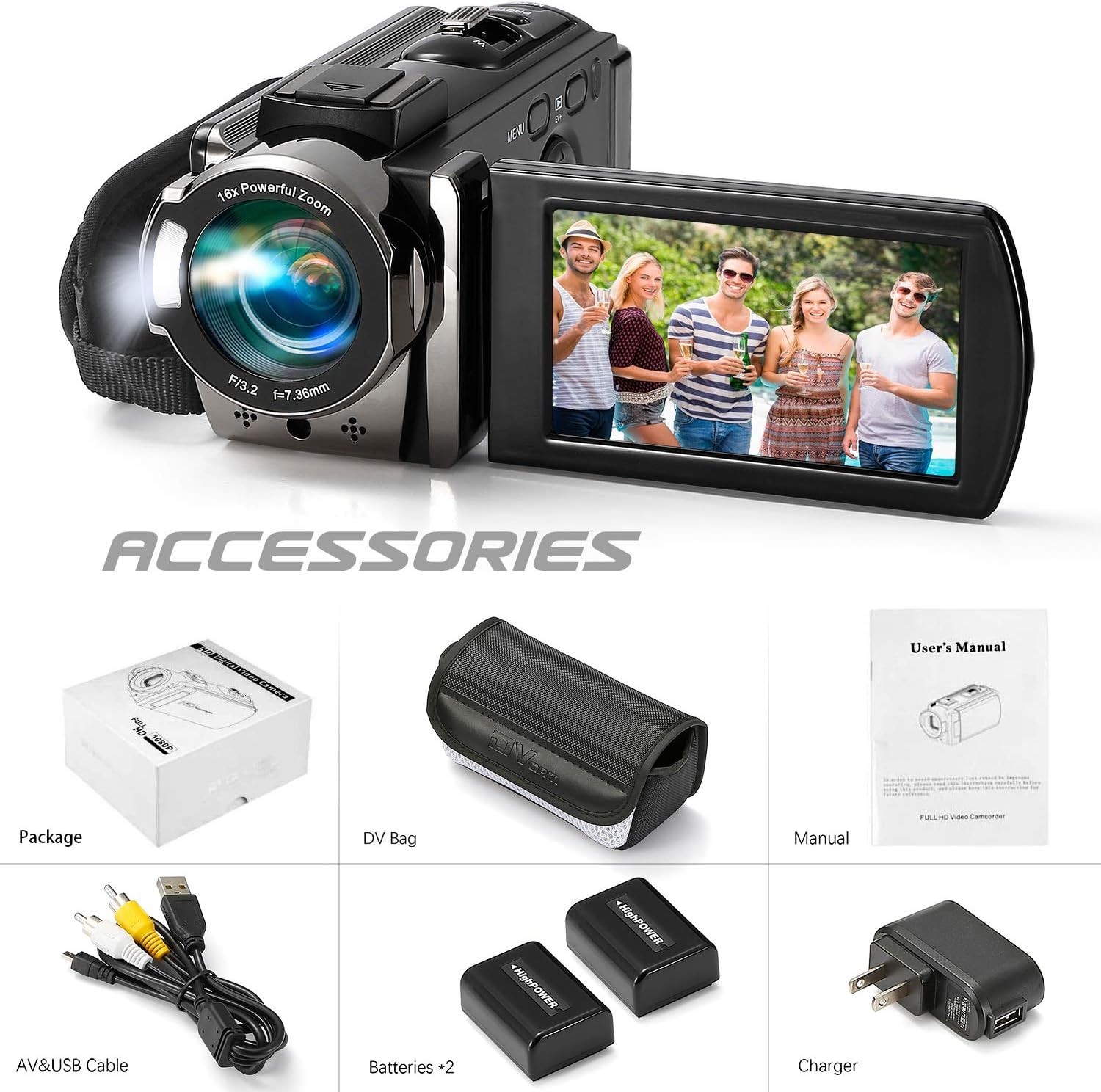 Compact Full HD 1080P Camcorder with 24MP and 16X Zoom for Stunning Footage