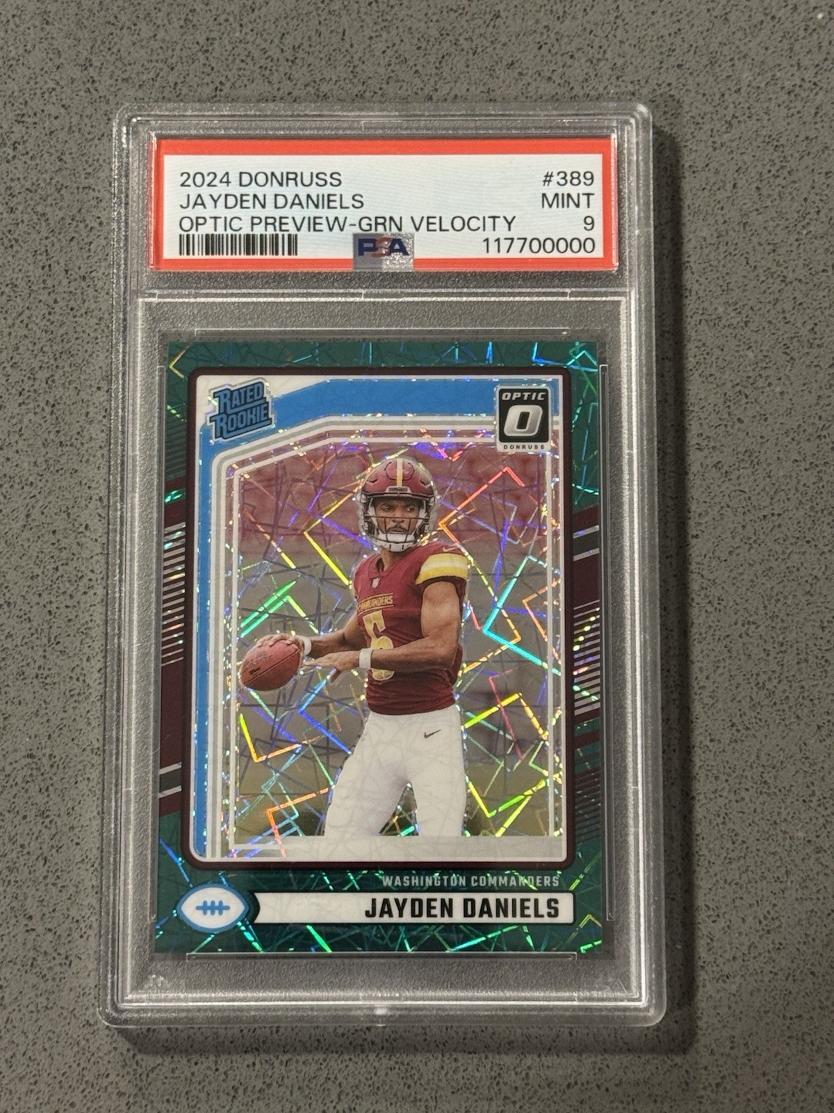 2024 Panini Donruss Jayden Daniels Optic Preview Green Velocity Prizm RC PSA 9