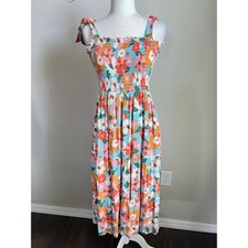 Polagram Smocked Gauze Floral Midi Sun Dress Women's Medium Shoulder Tie