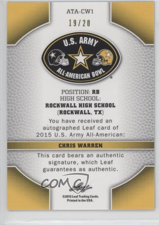 2015 Leaf US Army All-American Bowl Blue Prismatic /20 Chris Warren III Auto - Image 2 of 2