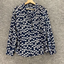 A New Approach Blouse Women S Small Blue Geometric V-Neck Long Sleeve 1/2 Button