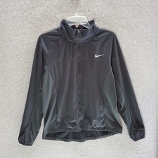 Nike Women Activewear Jacket Large Black Shield Track Swoosh Logo Full Zip READ