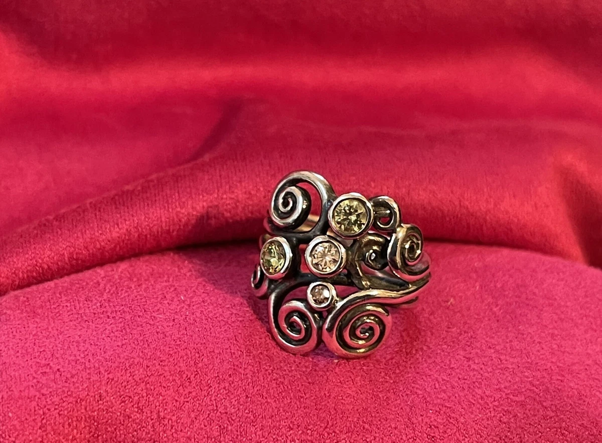 Pandora Sterling Silver, Green & Champagne CZ Stones Swirl Ring, Size 6,  Retired