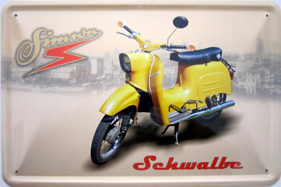 VIELESGUENSTIG BY ROBBY WANKA Blechschild Schild 20x30 cm - Simson Schwalbe gelb DDR Moped
