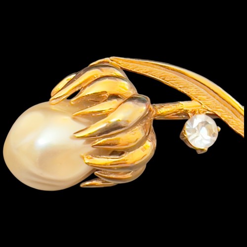Vintage Große 3 Zoll goldfarbene Brosche Anstecknadel mit weißen Kunstperlen und klarem Strassblumen - Bild 16 von 23
