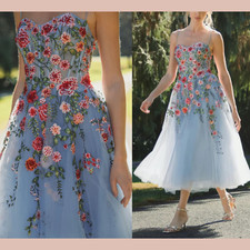 NWT MAC DUGGAL 10 20651 Bustier Embroidered Floral A-Line Dress Blue J1803