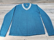 Vintage Women's Salon Studio Pearl V-Neck Blue-Green Knit Long Sleeve Sweater