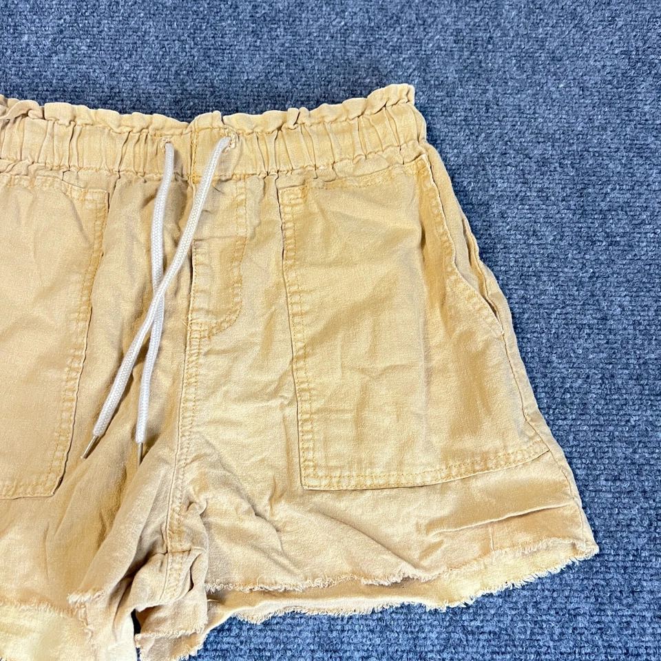 Pantalones cortos de lino para mujer medianos amarillos bolsillos cintura elástica cordón bolsillos profundos Foto 3 de 4