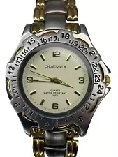 Quemex S. Steel/Gold accent Watch 36mm Qtz Analog Date  New Batt-Works Japan VTG