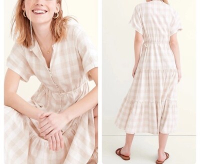 NWT Madewell Women's Button Tiered Midi Beige Dress Undyed Gingham Edition Sz XL