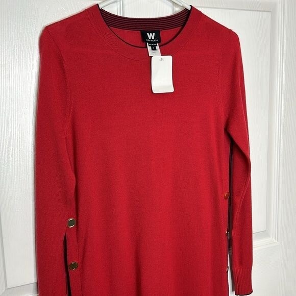 W by Worth 100% Wool Red Sweater Top Women's XS NWT Gold Snap Detail