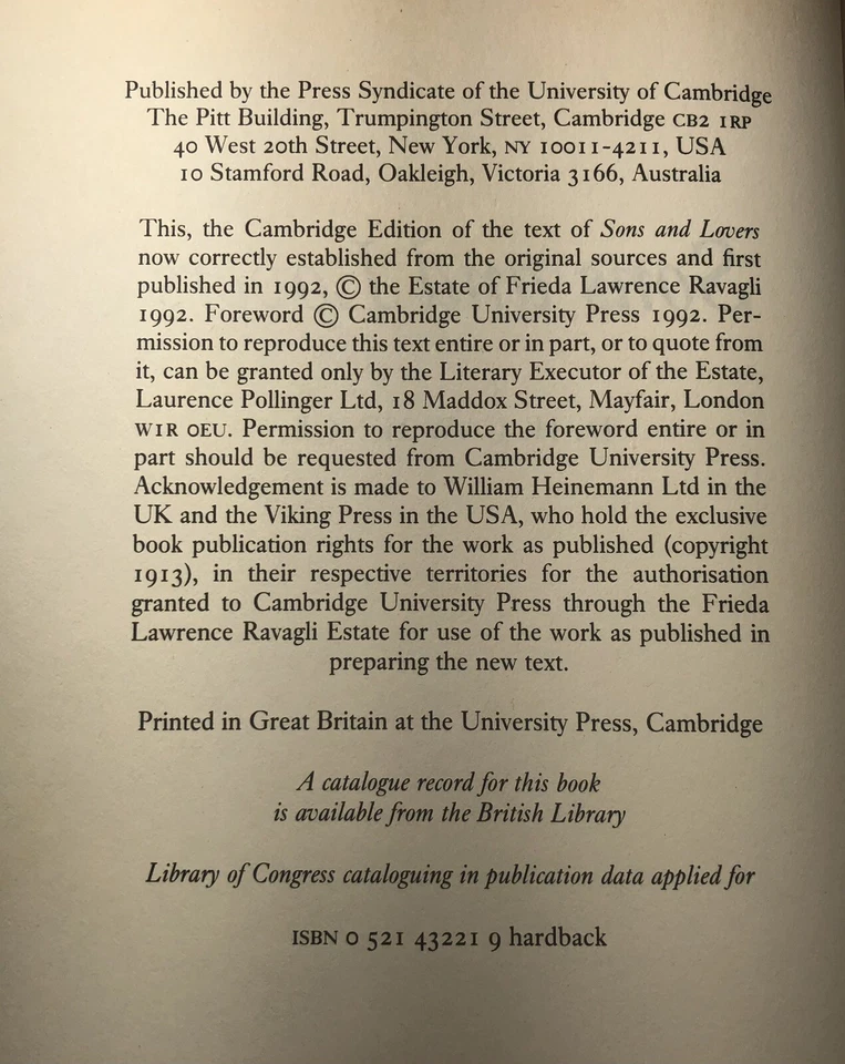 Sons And Lovers Unexpurgated Text D H Lawrence Cambridge Press 1992 HTF HC DJ - Image 4 of 4