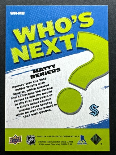 2023-24 UD Credentials Matty Beniers Who's Next WN-MB Seattle Kraken - Picture 2 of 2