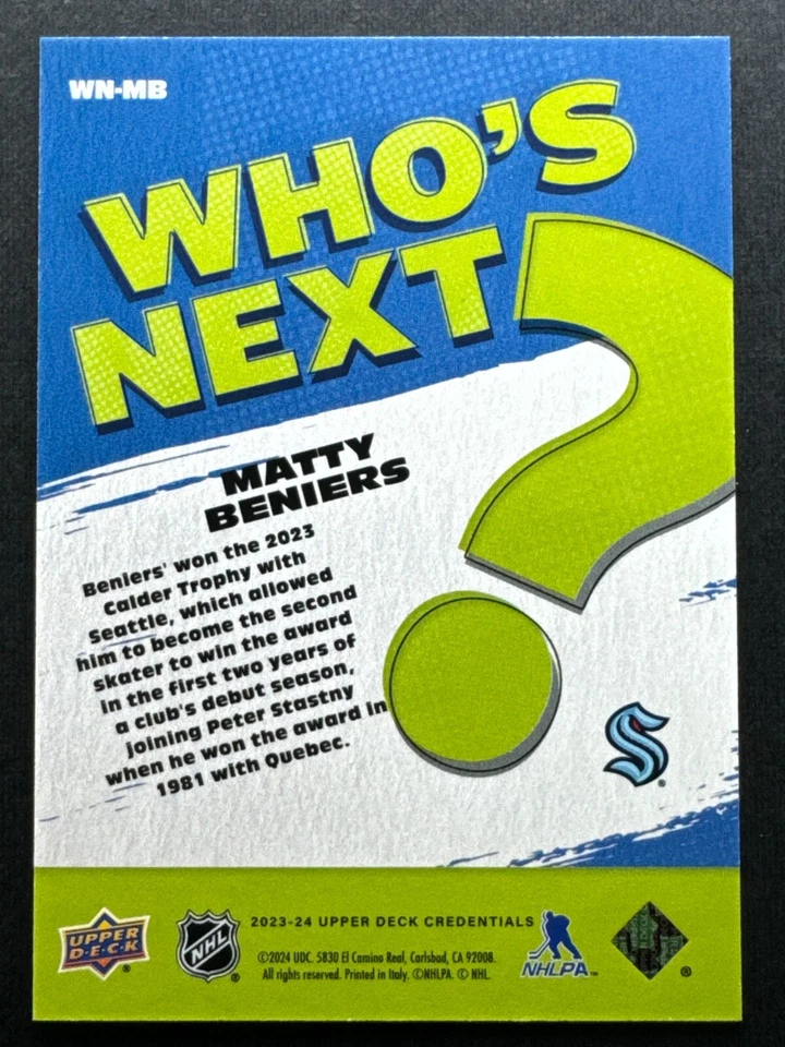 2023-24 UD Credentials Matty Beniers Who's Next WN-MB Seattle Kraken - Image 2 of 2