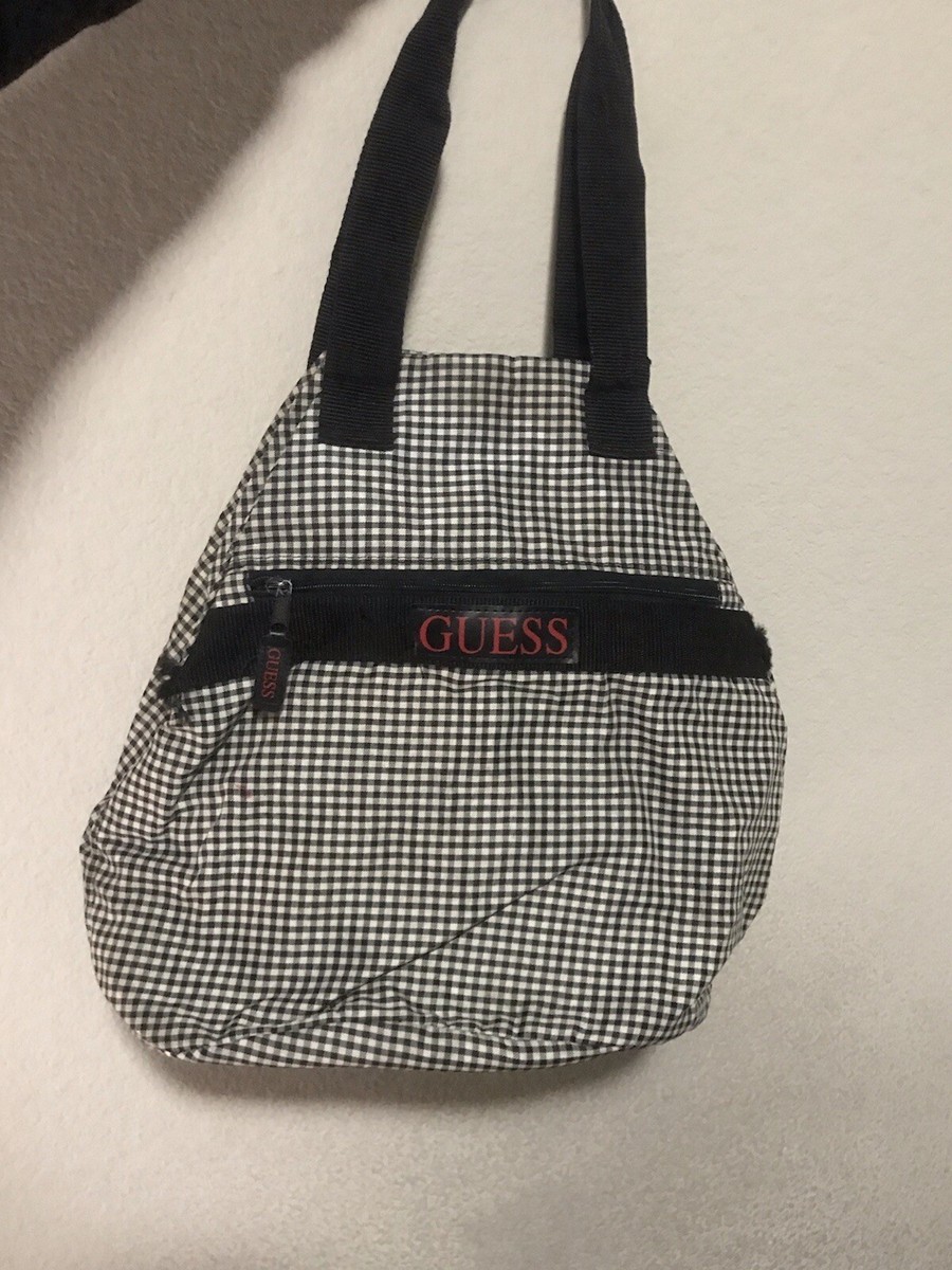 Guess ? TOTE PACK Black/White Plaid Hand Bag zipper vintage