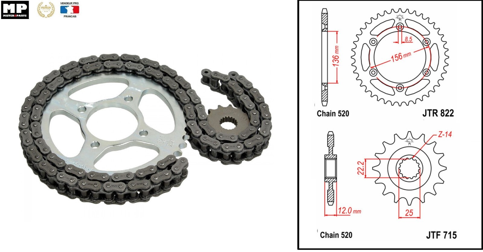 Kit chaine moto Gas Gas EE 250 300 Enduro 97-99 pignon 13 couronne 48