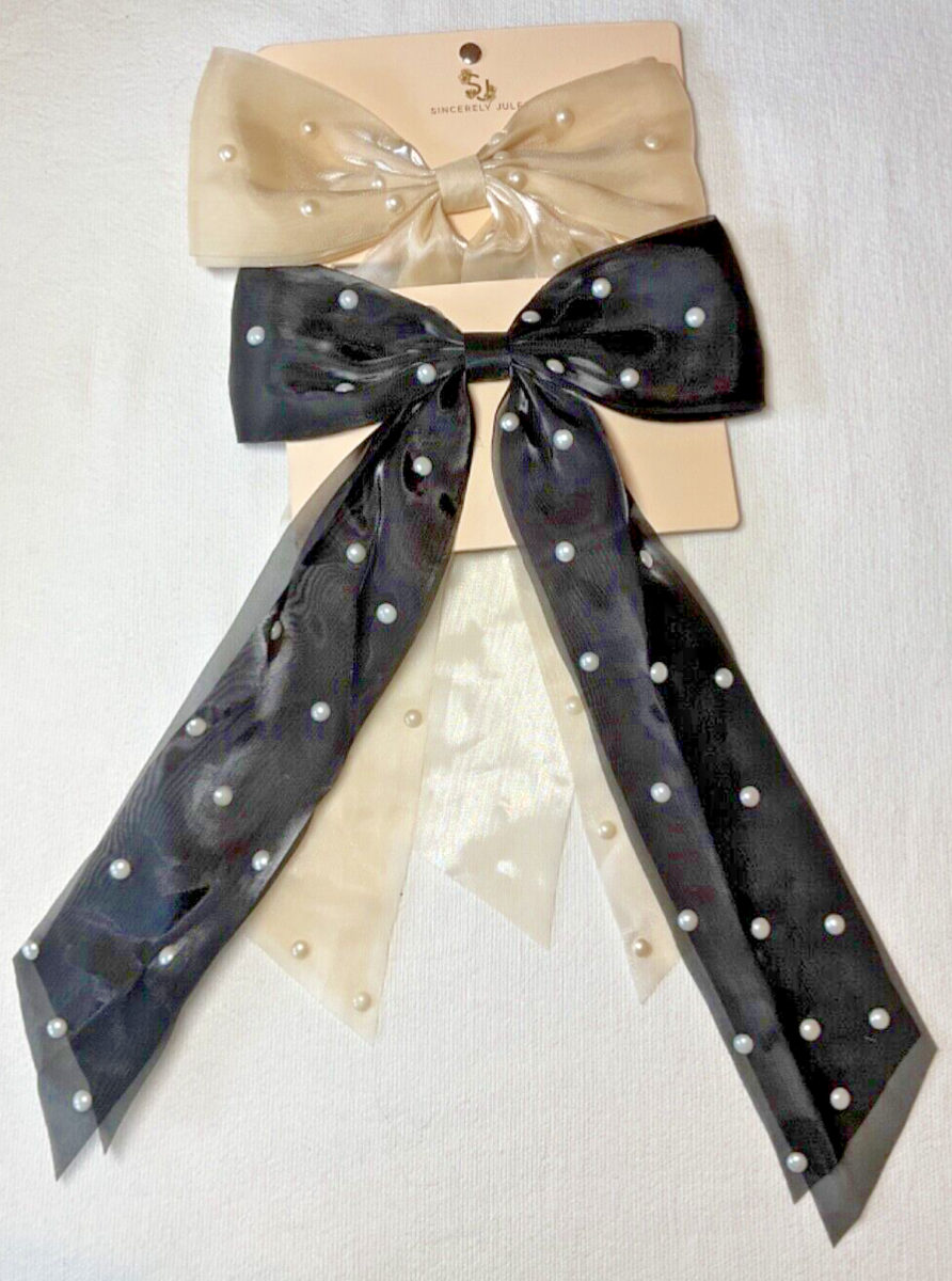 SINCERELY JULES BLACK CREAM PEARLS LONG HAIR BOW SET (2