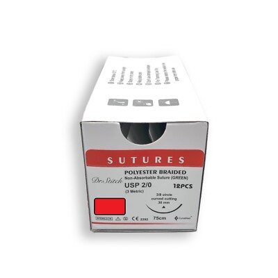 2/0 Training Surgical Sutures Polyester Braided, Pack of 12, Sterile