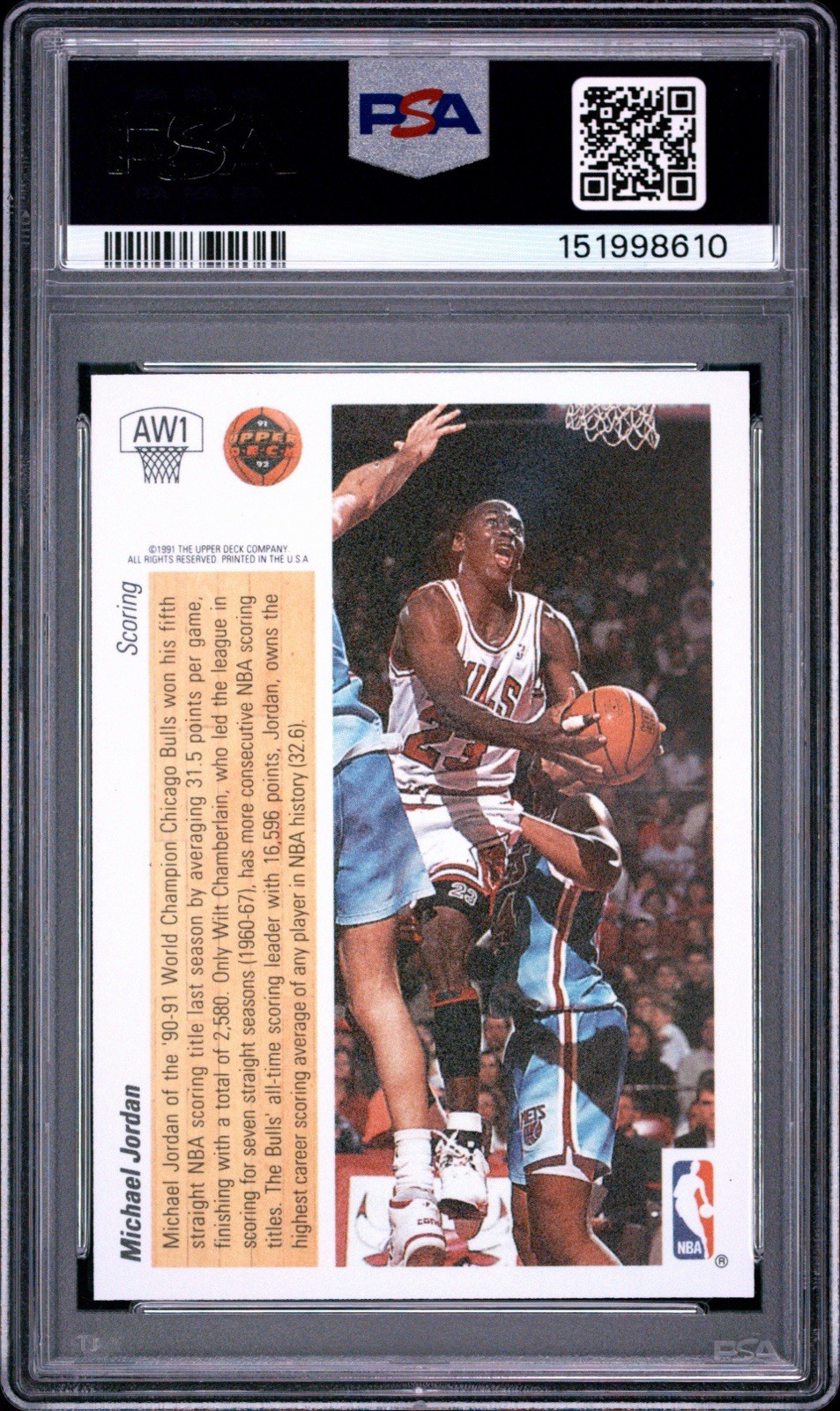 1991 UPPER DECK AWARD WINNER HOLOGRAM #AW1 MICHAEL JORDAN PSA 8 NM-MT view 2
