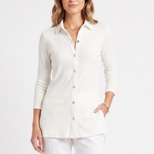 H by Halston Top Women XS White Ribbed Knit Long Sleeve Button-Down Good