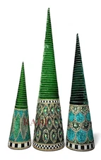 Mackenzie Childs Emerald Luxe Beaded Cone Trees Set of Three 30" Tall New Box