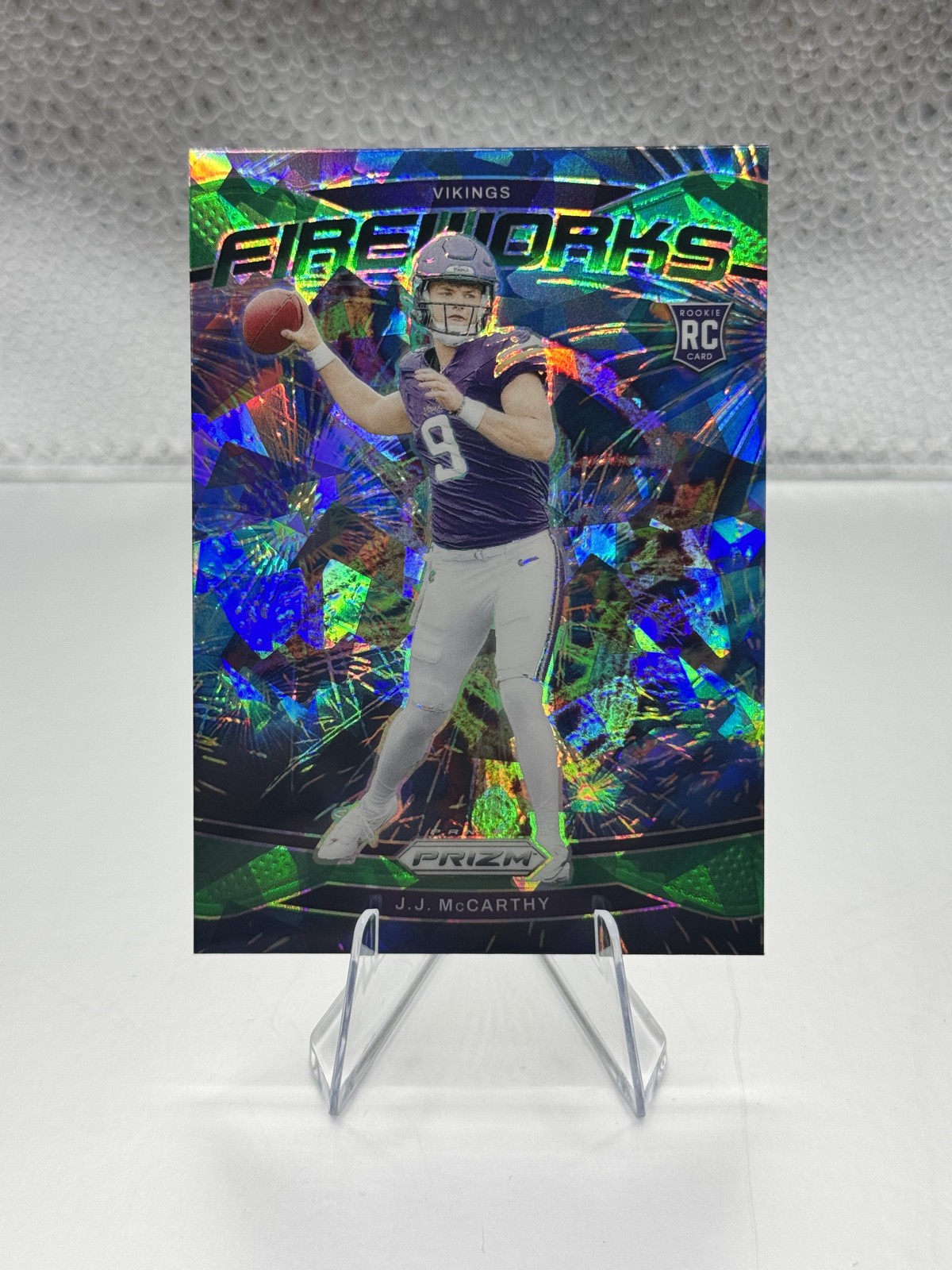 2024 Panini Prizm - Fireworks J.J. McCarthy #18 Green Ice Prizm (RC)