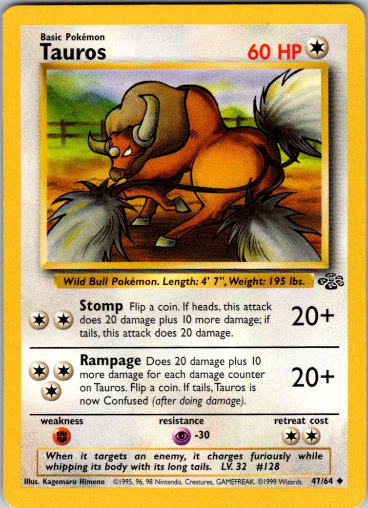 Tauros 47/64 Uncommon Jungle Pokemon Unlimited Near Mint