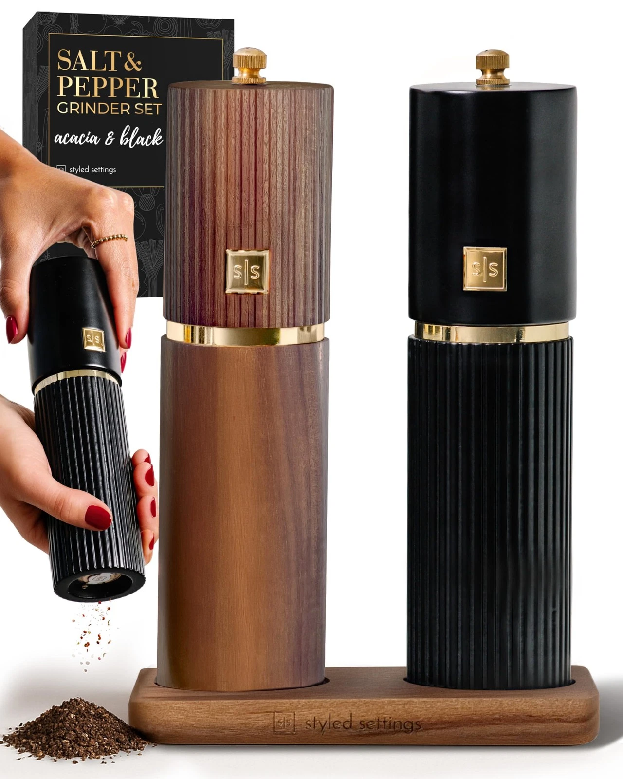 Wooden Salt and Pepper Grinder Set – Refillable Manual Salt and Pepper Mills ...