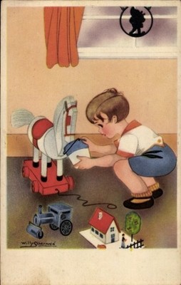 Artist Postcard Schermele, Willy, Boy Feeding a Toy Horse - 4489644