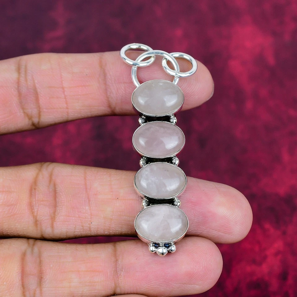 Hermoso colgante de joyería de plata de acero 925 hecho a mano con piedras preciosas de cuarzo rosa Foto 3 de 4