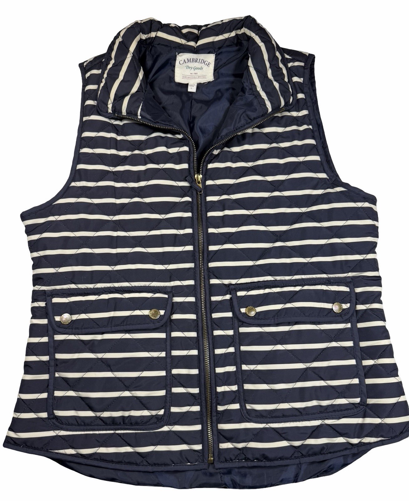 Cambridge Dry Goods Quilted Vest Womens L Navy Stripe Puffer Zip Pockets