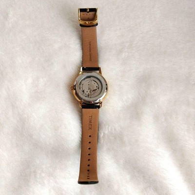 Timex M108 Unveil Automatic Skeleton 38mm Gold Case Black Leather 