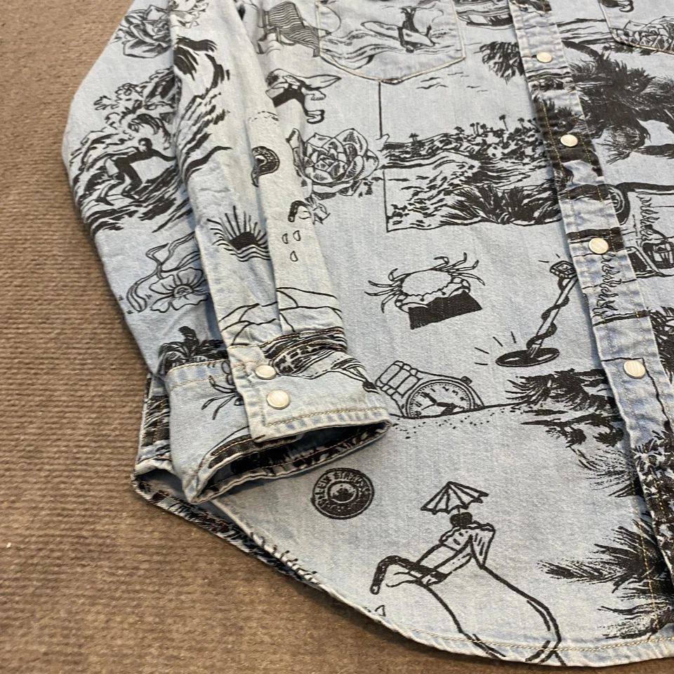 Levis 衬衫男式中号蓝色黑色西部珍珠扣牛仔冲浪者印花休闲 — 第 4/4 张图片