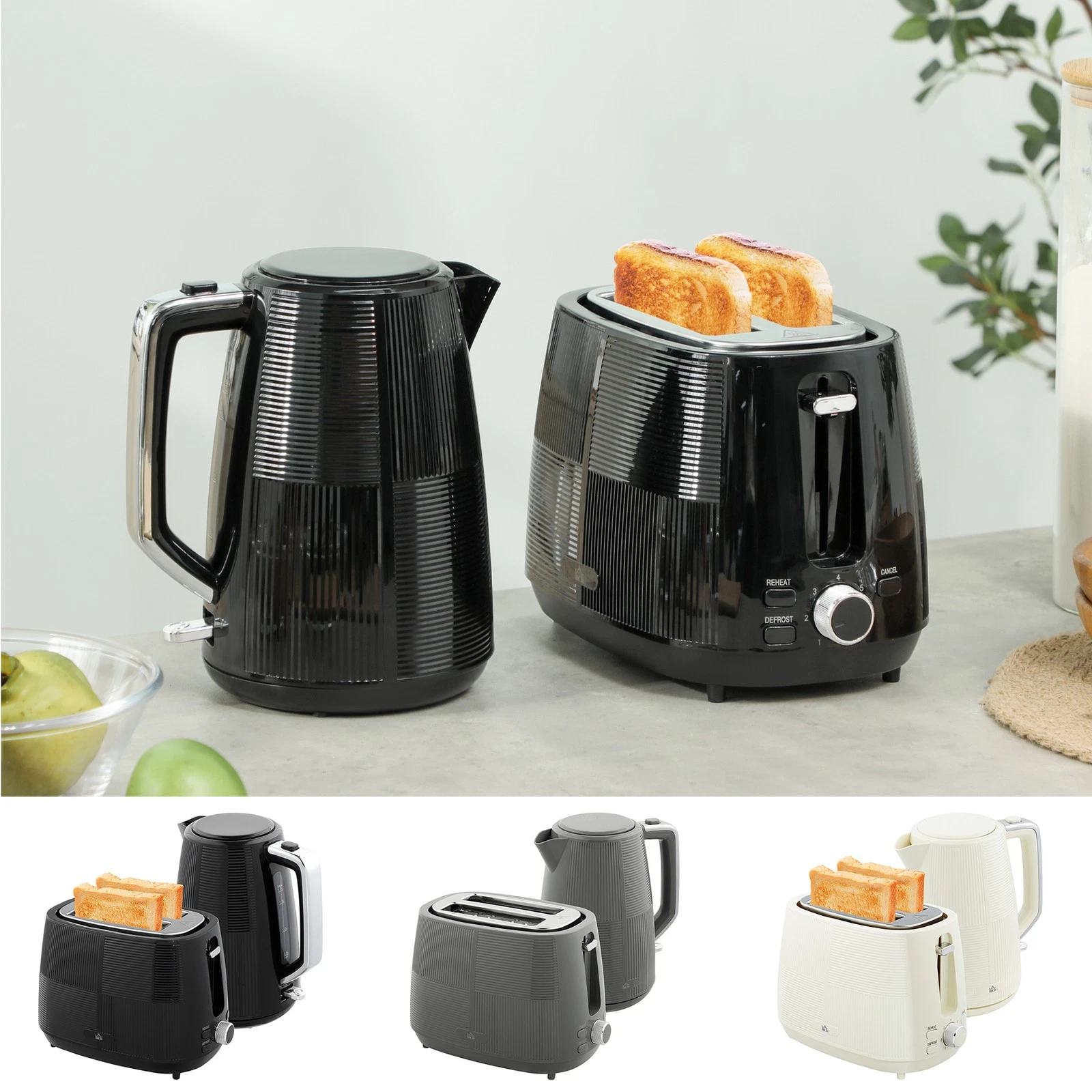 1.7L Fast Boil Kettle and 2 Slice Toaster Set with 7 Level Browning
