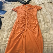 Aritzia Babaton Orange Midi Shirt Dress Ruched Button Front  Cap Sleeve M