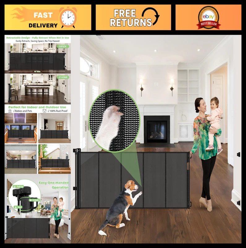 55 Inch Wide Retractable Baby Gate Reinforced