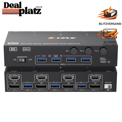KVM Switch 3 PC 2 Monitore 8K 60Hz HDMI Displayport 4 USB 3.0 Ports