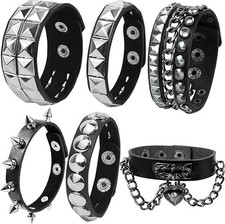 6Pcs Punk Spiked Bracelet for Men Goth Black Leather Wristband with Studded R...