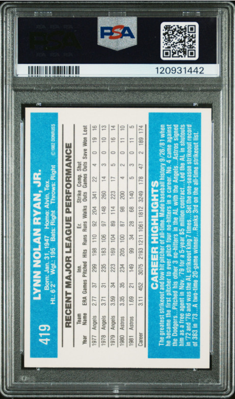 1982 Donruss Nolan Ryan HOF Signed Baseball Card 419 Certified PSA 7 DNA 10 Auto view 4