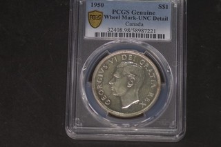 1950 CANADA SILVER DOLLAR WHEEL MARK (RARE) PCGS GENUINE UNC. DETAILS SHARP!